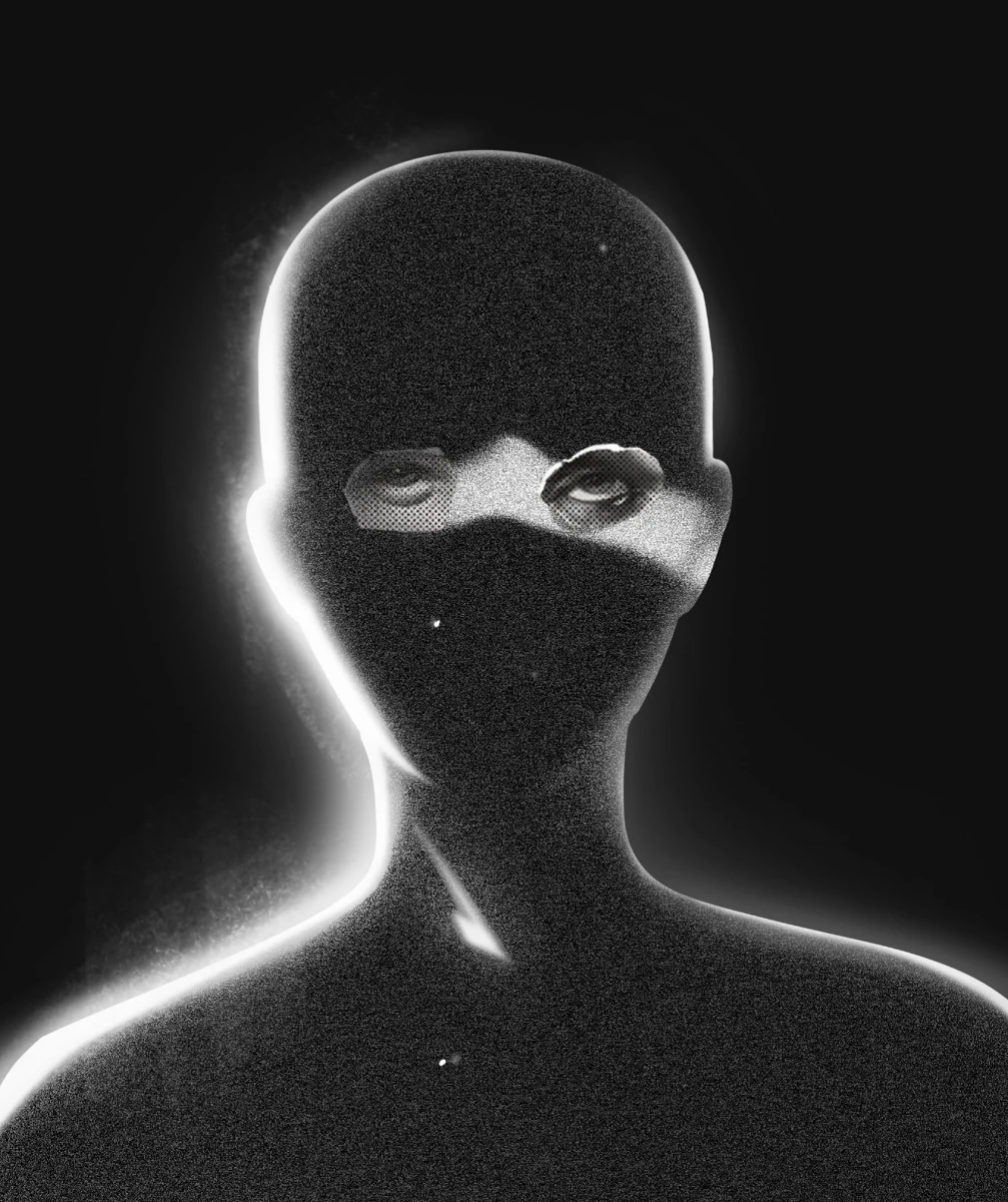 Monochrome masked Uncoded character with a glowing outline
